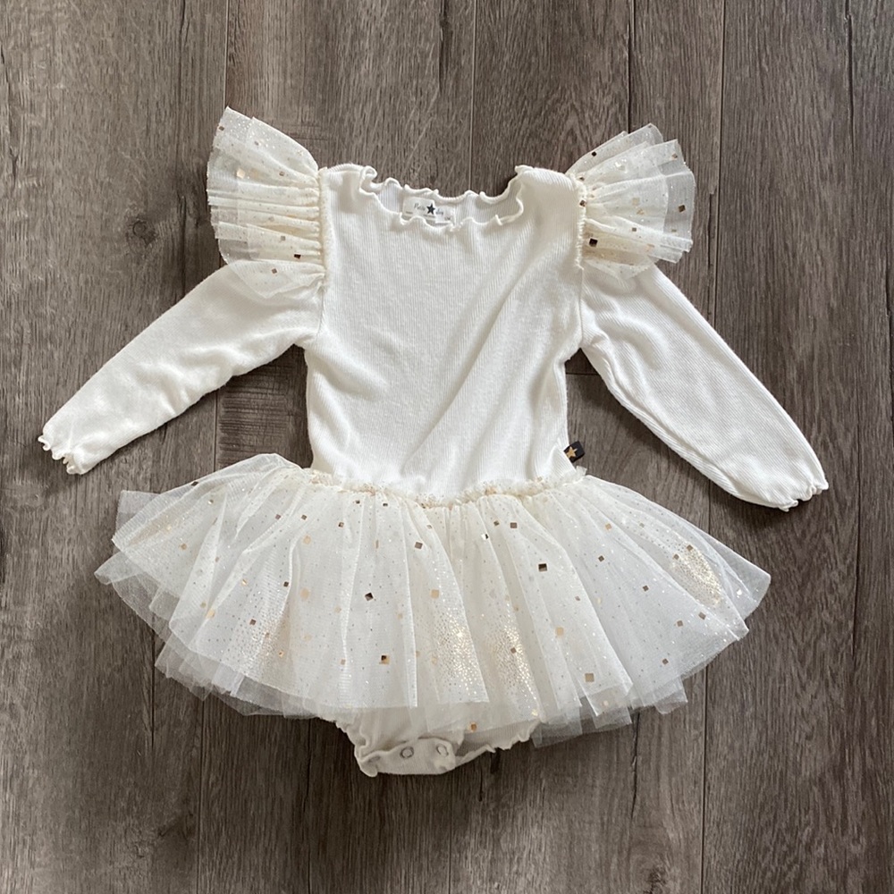 Petite Hailey Frill Long Sleeve Tutu Onesie Dress - White / Gold